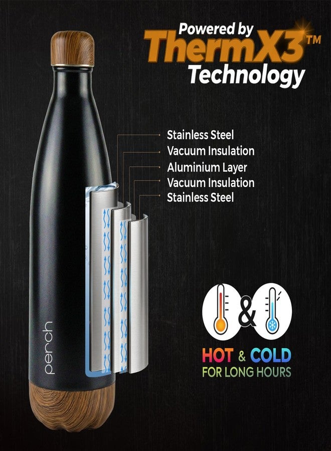 Perch Retro Hot and Cold Stainless Steel Water Bottle 980ml | Triple-Layer Vacuum Insulated Bottle| ISI Certified, Leakproof & BPA-Free | Ideal Gift for Men, Women & Parents | Wooden Black - Image 2